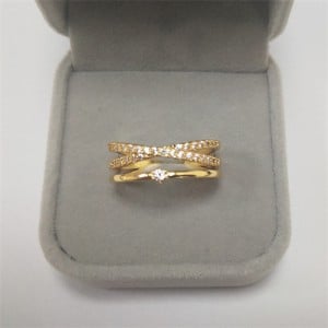 Bling Rhinestone Cross Design Fashion Wholesale Women Romantic Alloy Wedding Ring - Golden