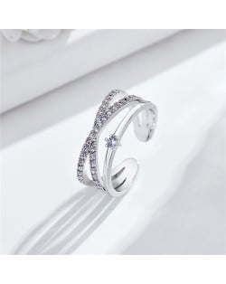 Bling Rhinestone Cross Design Fashion Wholesale Women Romantic Alloy Wedding Ring - Silver