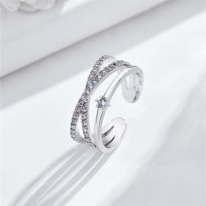 Bling Rhinestone Cross Design Fashion Wholesale Women Romantic Alloy Wedding Ring - Silver