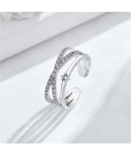 Bling Rhinestone Cross Design Fashion Wholesale Women Romantic Alloy Wedding Ring - Silver