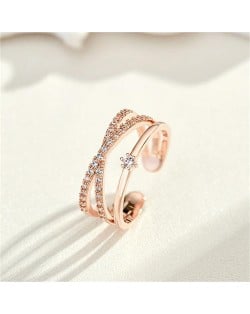 Bling Rhinestone Cross Design Fashion Wholesale Women Romantic Alloy Wedding Ring - Rose Gold