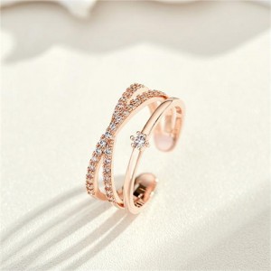 Bling Rhinestone Cross Design Fashion Wholesale Women Romantic Alloy Wedding Ring - Rose Gold