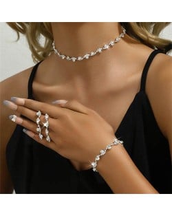 Bling Rhinestone Floral and Leaves Design Necklace Bracelet and Earrings 3pcs Wholesale Jewelry Set