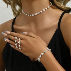 Bling Rhinestone Floral and Leaves Design Necklace Bracelet and Earrings 3pcs Wholesale Jewelry Set