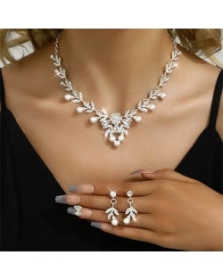 Bling Leaves Pearl Fashion Rhinestone Necklace and Earrings 2pcs Wholesale Jewelry Set