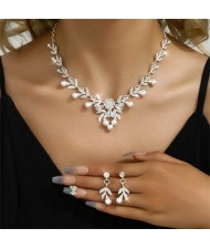 Bling Leaves Pearl Fashion Rhinestone Necklace and Earrings 2pcs Wholesale Jewelry Set