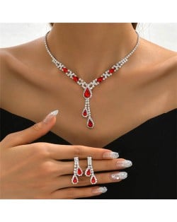 Bling Red Rhinestone Waterdrops Fashion Bridal Style Necklace and Earrings 2pcs Wholesale Jewelry Set