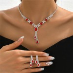 Bling Red Rhinestone Waterdrops Fashion Bridal Style Necklace and Earrings 2pcs Wholesale Jewelry Set