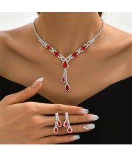 Bling Red Rhinestone Waterdrops Fashion Bridal Style Necklace and Earrings 2pcs Wholesale Jewelry Set