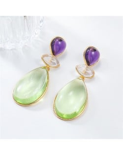 Purple with Green Resin Water Drop Design Fashion Wholesale Women Dangle Earrings