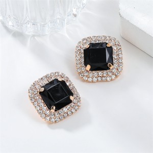 Classic Full Rhinestone Square Ear Studs Fashion Wholesale Women Bling Earrings - Black