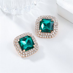 Classic Full Rhinestone Square Ear Studs Fashion Wholesale Women Bling Earrings - Green