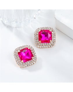 Classic Full Rhinestone Square Ear Studs Fashion Wholesale Women Bling Earrings - Rose