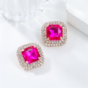 Classic Full Rhinestone Square Ear Studs Fashion Wholesale Women Bling Earrings - Rose
