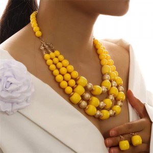 Multi-layer Acrylic Solid Color Beads Necklace and Earrings 2pcs Wholesale Jewelry Set - Yellow
