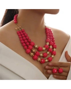 Multi-layer Acrylic Solid Color Beads Necklace and Earrings 2pcs Wholesale Jewelry Set - Red