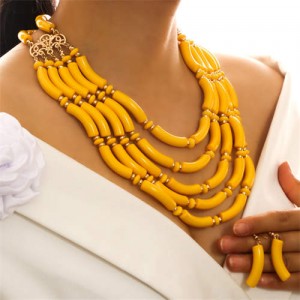 Multi-layer Acrylic Wave Pattern Beads Necklace and Earrings 2pcs Wholesale Jewelry Set - Yellow