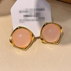 Elegant Resin Stone Embedded Copper Rhombus Ear Studs - Pink