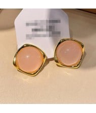 Elegant Resin Stone Embedded Copper Rhombus Ear Studs - Pink