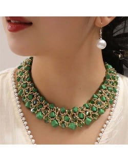 Triple Layers Turquoise Beads Weaving Pattern Short Wholesale Costume Necklace - Green
