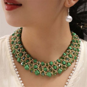 Triple Layers Turquoise Beads Weaving Pattern Short Wholesale Costume Necklace - Green