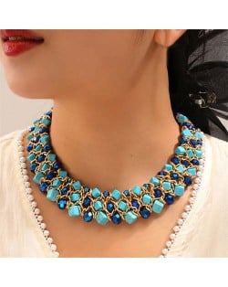 Triple Layers Turquoise Beads Weaving Pattern Short Wholesale Costume Necklace - Blue