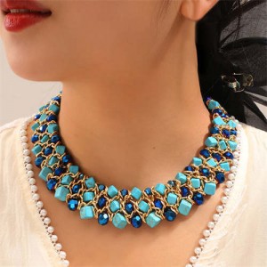 Triple Layers Turquoise Beads Weaving Pattern Short Wholesale Costume Necklace - Blue