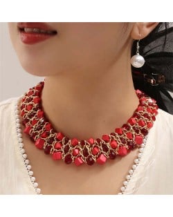 Triple Layers Turquoise Beads Weaving Pattern Short Wholesale Costume Necklace - Red