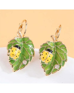 Ladybug Green Leaves Oil-spot Glazed Wholesale Women Ear Clips - Yellow