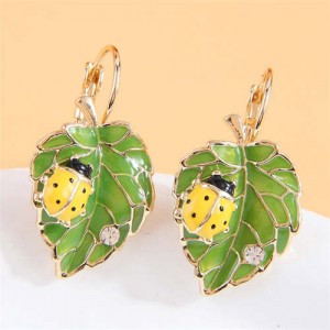 Ladybug Green Leaves Oil-spot Glazed Wholesale Women Ear Clips - Yellow