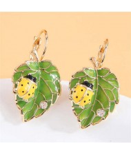 Ladybug Green Leaves Oil-spot Glazed Wholesale Women Ear Clips - Yellow