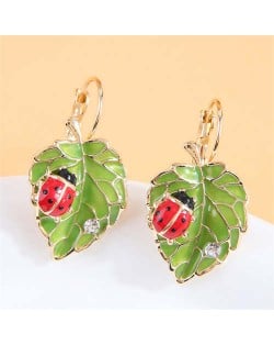 Ladybug Green Leaves Oil-spot Glazed Wholesale Women Ear Clips - Red
