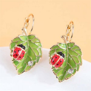 Ladybug Green Leaves Oil-spot Glazed Wholesale Women Ear Clips - Red
