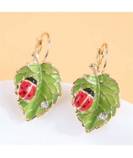 Ladybug Green Leaves Oil-spot Glazed Wholesale Women Ear Clips - Red