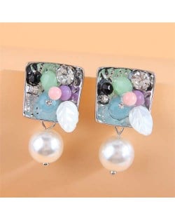 Dimensional Colorful Gem Square with Pearl Design Women Fashionable Wholesale Stud Earrings