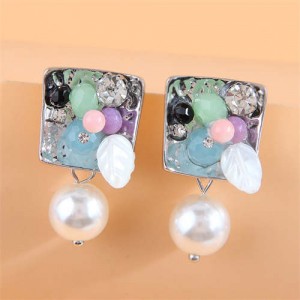 Dimensional Colorful Gem Square with Pearl Design Women Fashionable Wholesale Stud Earrings