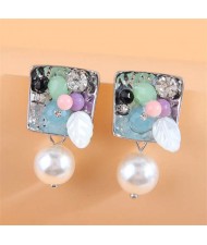 Dimensional Colorful Gem Square with Pearl Design Women Fashionable Wholesale Stud Earrings