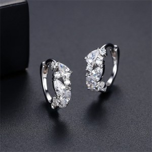 Silver Jewelry Cubic Zirconia Petal Design Women Wholesale 925 Sterling Silver Hoop Earrings - Silver
