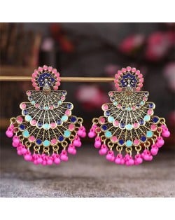 Popular Ethnic Style Peacock Tassel Retro Exaggerated Women Earrings - Pink