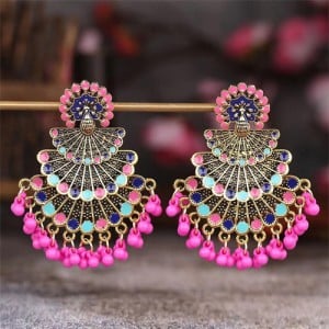 Popular Ethnic Style Peacock Tassel Retro Exaggerated Women Earrings - Pink