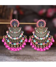 Popular Ethnic Style Peacock Tassel Retro Exaggerated Women Earrings - Pink