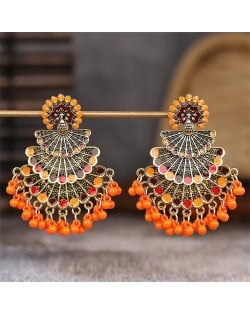 Popular Ethnic Style Peacock Tassel Retro Exaggerated Women Earrings - Orange