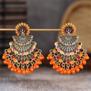 Popular Ethnic Style Peacock Tassel Retro Exaggerated Women Earrings - Orange