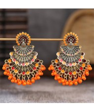 Popular Ethnic Style Peacock Tassel Retro Exaggerated Women Earrings - Orange