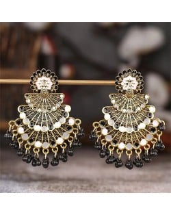 Popular Ethnic Style Peacock Tassel Retro Exaggerated Women Earrings - Black