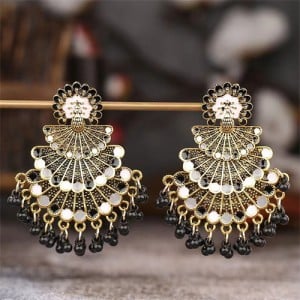 Popular Ethnic Style Peacock Tassel Retro Exaggerated Women Earrings - Black