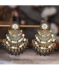 Popular Ethnic Style Peacock Tassel Retro Exaggerated Women Earrings - Black