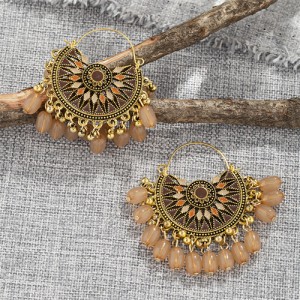 Elegant Vingate Ethnic Style Fan Shape Water Fashion Women Hoop Earrings - Brown
