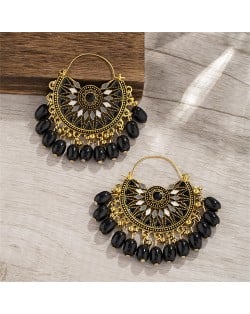 Elegant Vingate Ethnic Style Fan Shape Water Fashion Women Hoop Earrings - Black