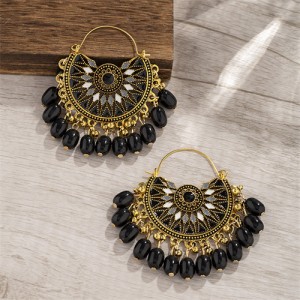 Elegant Vingate Ethnic Style Fan Shape Water Fashion Women Hoop Earrings - Black